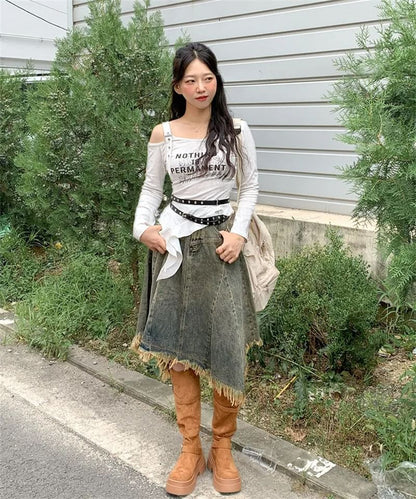 Washed Fringe Asymmetrical Midi Denim Skirt
