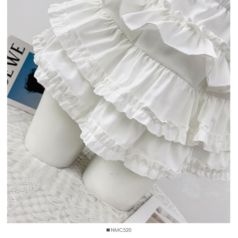 High Waist Ruffle Mini A-Line Skirt Plain