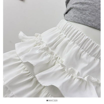 High Waist Ruffle Mini A-Line Skirt Plain