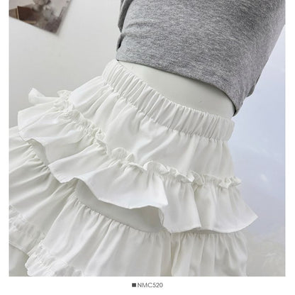 High Waist Ruffle Mini A-Line Skirt Plain