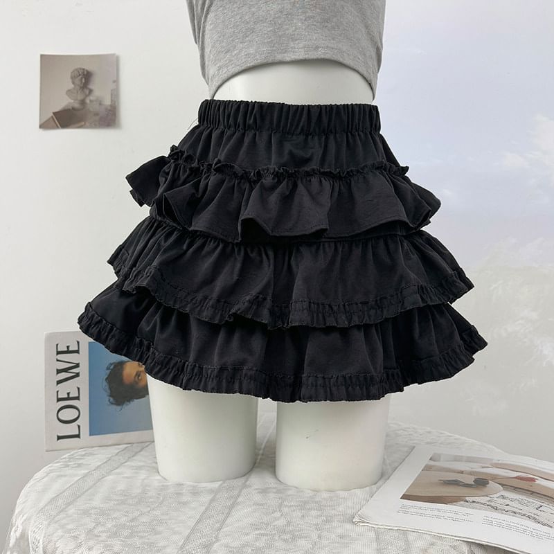 High Waist Ruffle Mini A-Line Skirt Plain