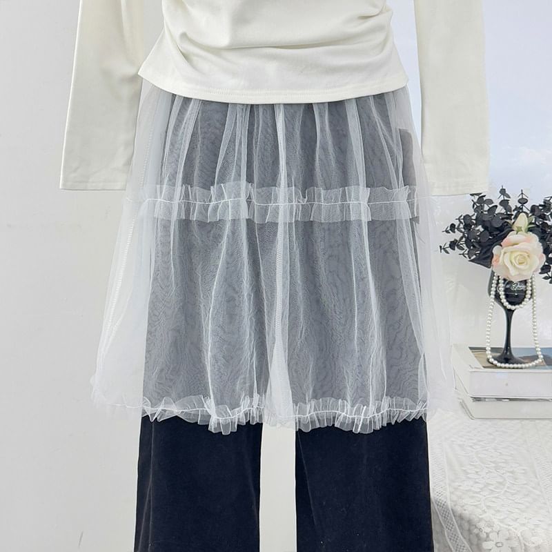 Mesh A-Line Skirt with Elastic Waist and Ruffled Hem
