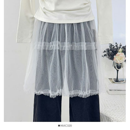 Mesh A-Line Skirt with Elastic Waist and Ruffled Hem