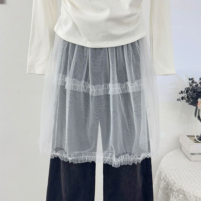 Mesh A-Line Skirt with Elastic Waist and Ruffled Hem
