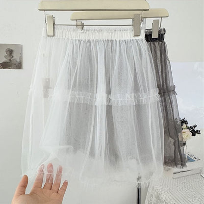Mesh A-Line Skirt with Elastic Waist and Ruffled Hem