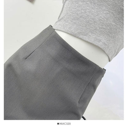 High Waisted Plain Mini Pencil Skirt in Solid
