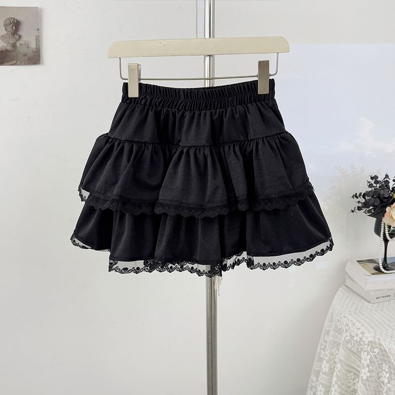 Tiered Lace Trim Mini A-Line Skirt Elastic Waist