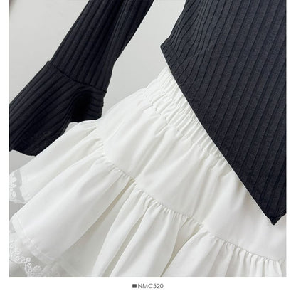 Tiered Lace Trim Mini A-Line Skirt Elastic Waist