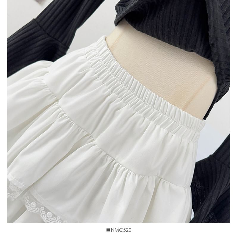 Tiered Lace Trim Mini A-Line Skirt Elastic Waist