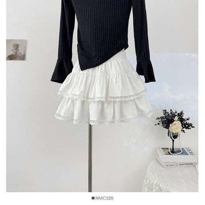 Tiered Lace Trim Mini A-Line Skirt Elastic Waist