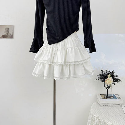 Tiered Lace Trim Mini A-Line Skirt Elastic Waist