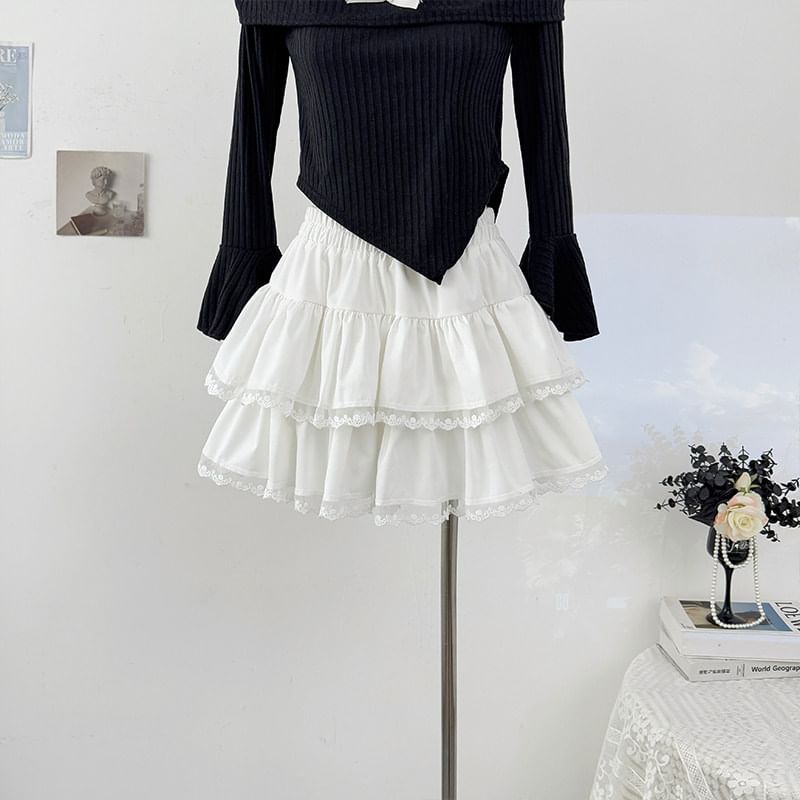 Tiered Lace Trim Mini A-Line Skirt Elastic Waist