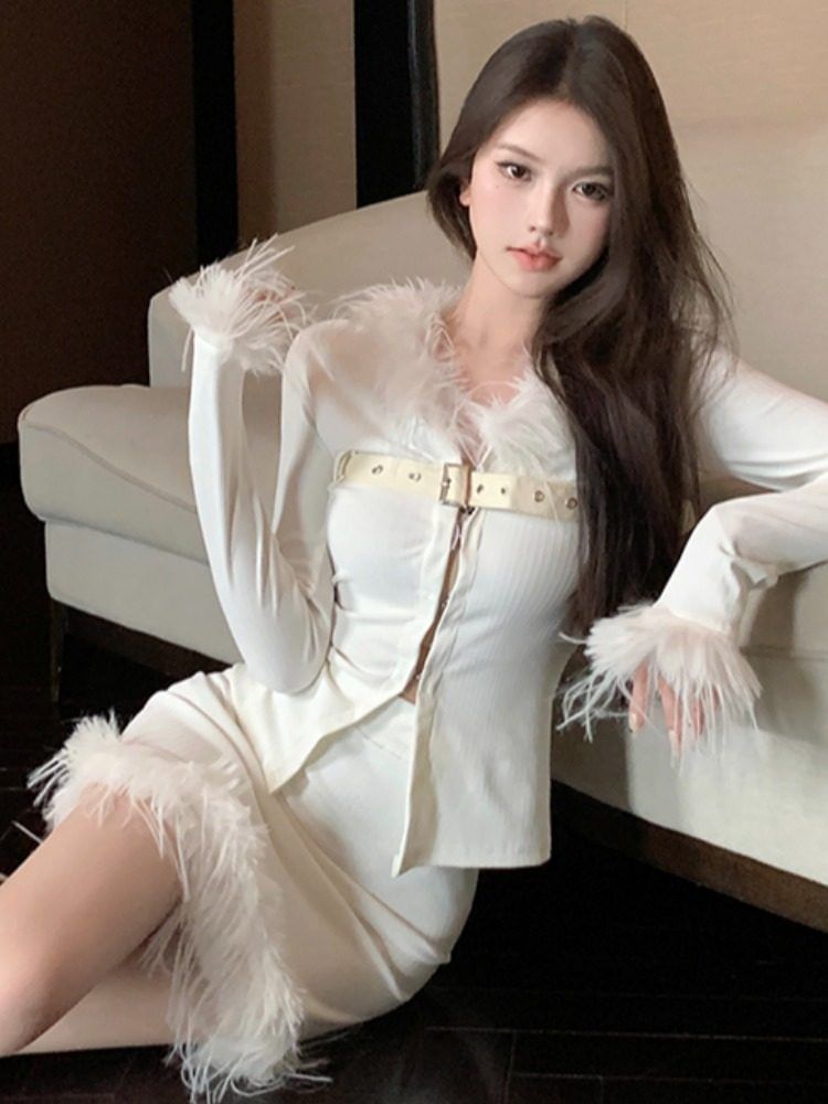 Long-Sleeve V-Neck Fluffy Trim Belted Hook And Eye Slit Top / High Waist Mini Pencil Skirt