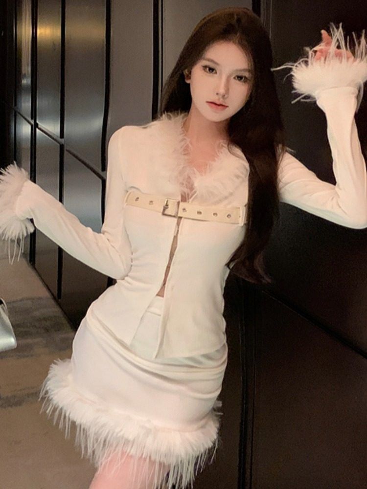 Long-Sleeve V-Neck Fluffy Trim Belted Hook And Eye Slit Top / High Waist Mini Pencil Skirt