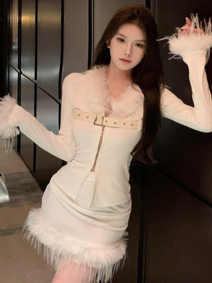 Long-Sleeve V-Neck Fluffy Trim Belted Hook And Eye Slit Top / High Waist Mini Pencil Skirt