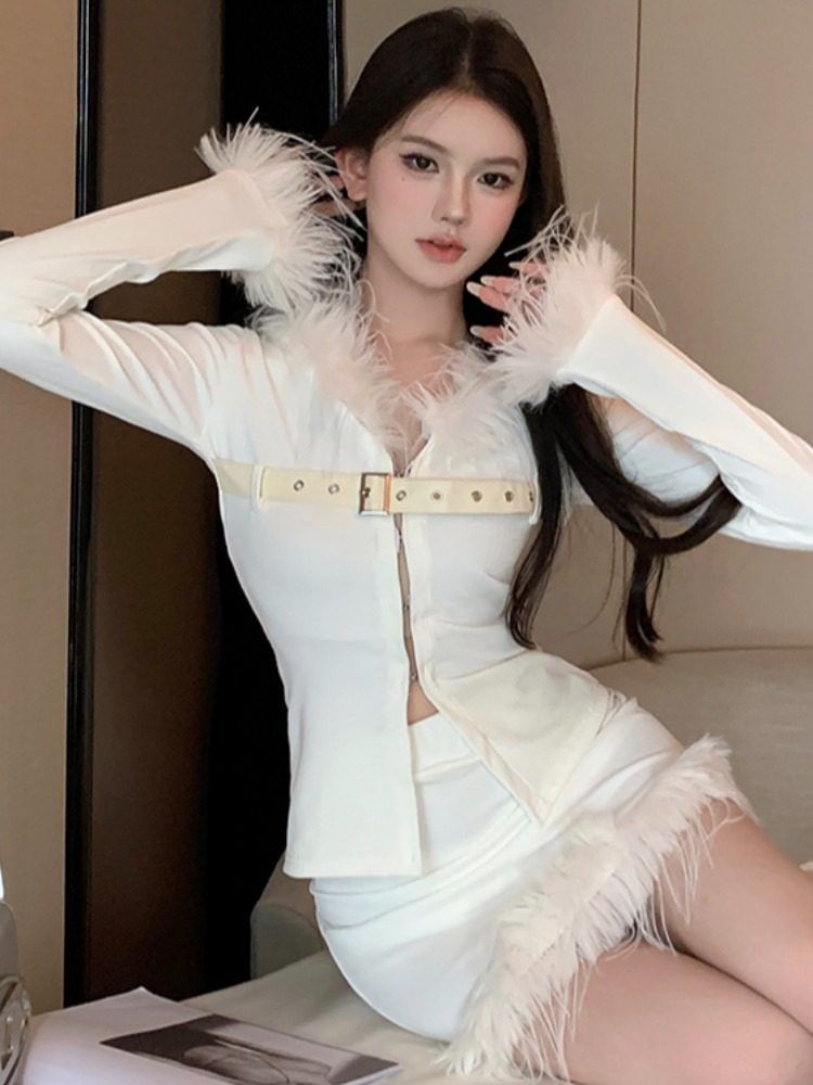 Long-Sleeve V-Neck Fluffy Trim Belted Hook And Eye Slit Top / High Waist Mini Pencil Skirt