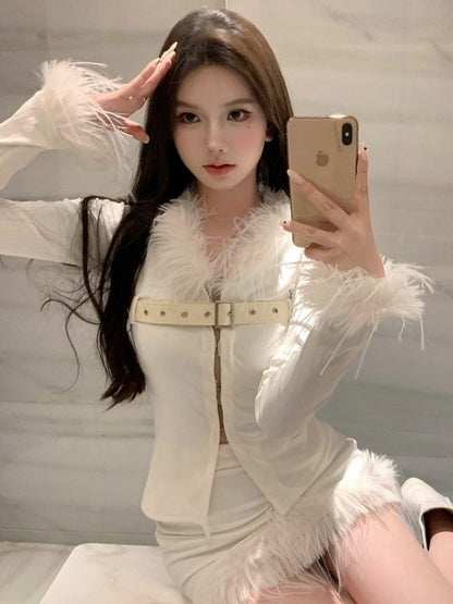 Long-Sleeve V-Neck Fluffy Trim Belted Hook And Eye Slit Top / High Waist Mini Pencil Skirt