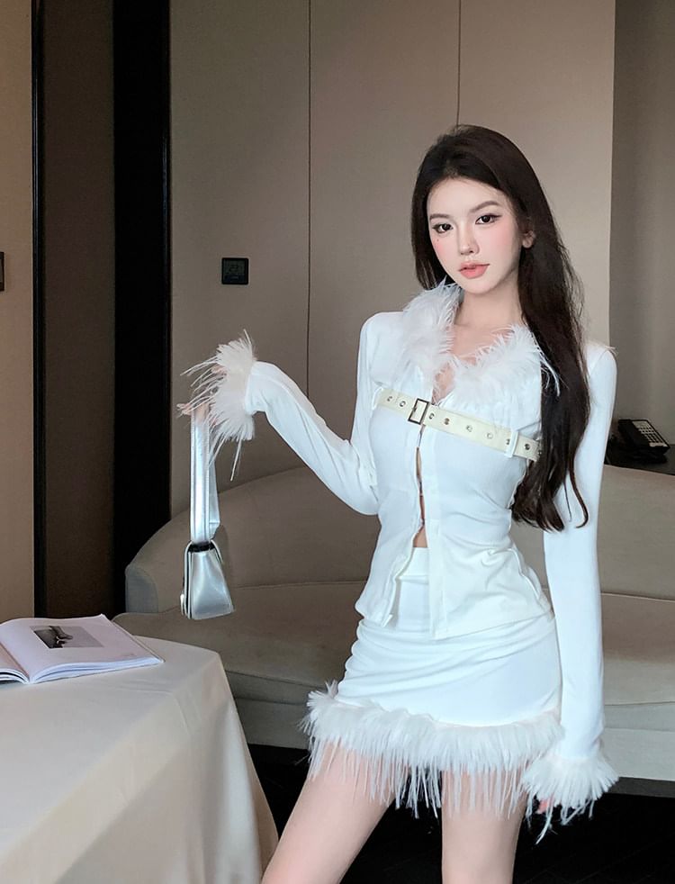 Long-Sleeve V-Neck Fluffy Trim Belted Hook And Eye Slit Top / High Waist Mini Pencil Skirt