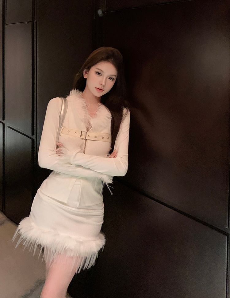 Long-Sleeve V-Neck Fluffy Trim Belted Hook And Eye Slit Top / High Waist Mini Pencil Skirt