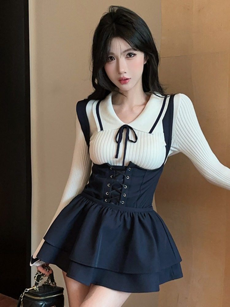 Long-Sleeve Collared Contrast Trim Knit Top / Plain Lace-Up Jumper Shorts / High Waist Layered Mini A-Line Skirt / Set