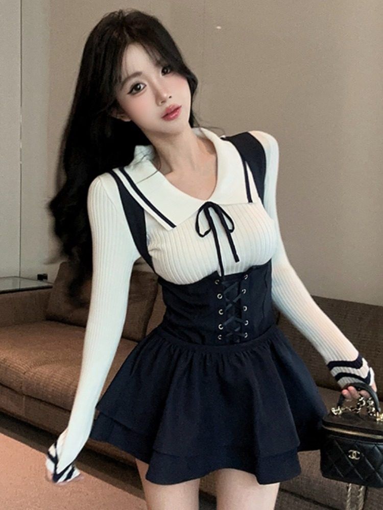 Long-Sleeve Collared Contrast Trim Knit Top / Plain Lace-Up Jumper Shorts / High Waist Layered Mini A-Line Skirt / Set