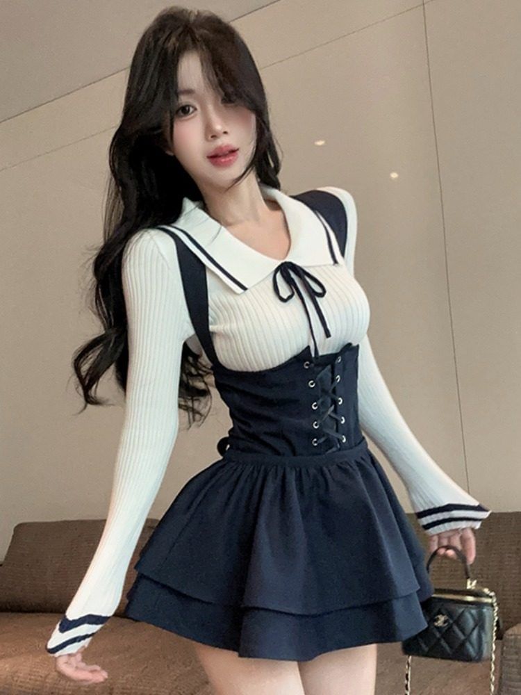Long-Sleeve Collared Contrast Trim Knit Top / Plain Lace-Up Jumper Shorts / High Waist Layered Mini A-Line Skirt / Set