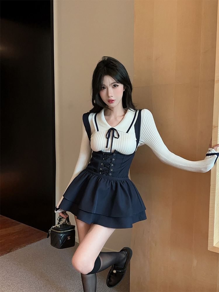 Long-Sleeve Collared Contrast Trim Knit Top / Plain Lace-Up Jumper Shorts / High Waist Layered Mini A-Line Skirt / Set