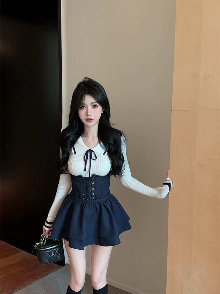 Long-Sleeve Collared Contrast Trim Knit Top / Plain Lace-Up Jumper Shorts / High Waist Layered Mini A-Line Skirt / Set
