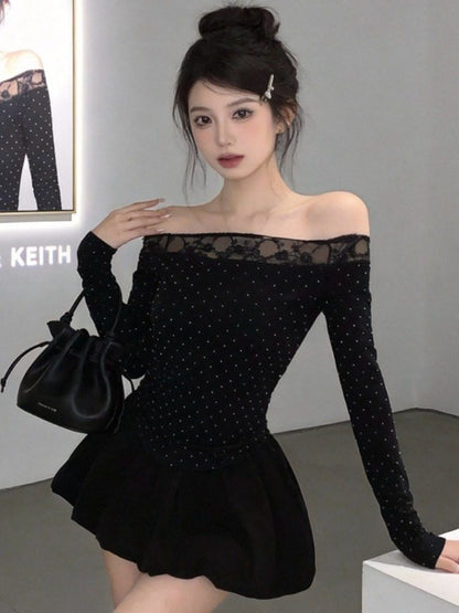 Long-Sleeve Off-Shoulder Lace Panel Slim Fit Top / High Waist Plain Bubble Hem Mini A-Line Skirt / Set