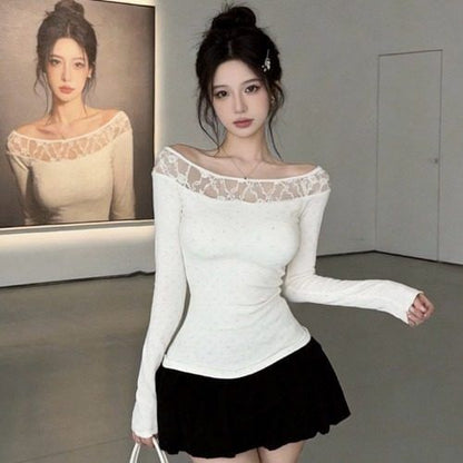 Long-Sleeve Off-Shoulder Lace Panel Slim Fit Top / High Waist Plain Bubble Hem Mini A-Line Skirt / Set