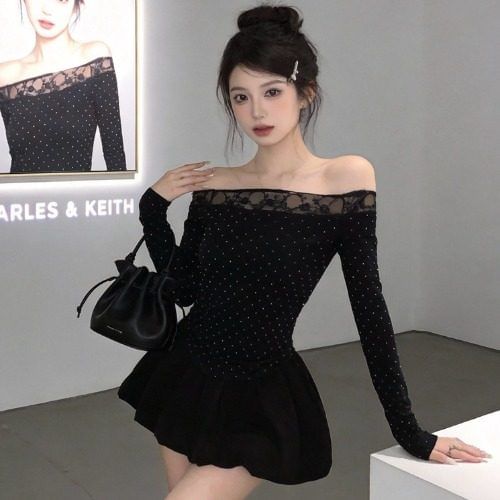 Long-Sleeve Off-Shoulder Lace Panel Slim Fit Top / High Waist Plain Bubble Hem Mini A-Line Skirt / Set