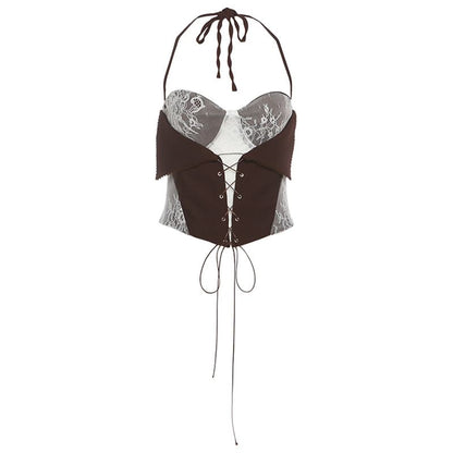 Halter Neck Lace Panel Crop Camisole Top / Mid Waist Asymmetric Mini Pleated Skirt