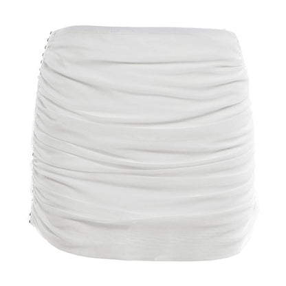 Halter Cowl Neck Open-Back Crop Camisole Top / Mid Waist Ruched Mini Skirt