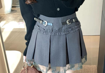 High Rise Lace Panel Frill Trim Pleated Mini A-Line Skirt