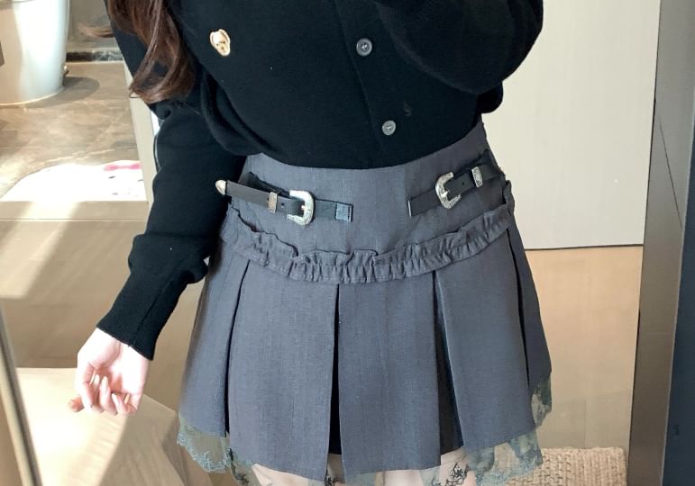 High Rise Lace Panel Frill Trim Pleated Mini A-Line Skirt