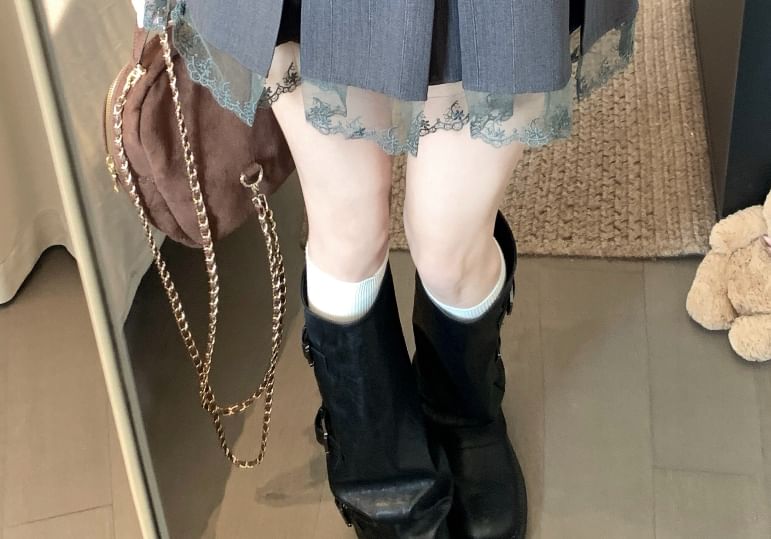 High Rise Lace Panel Frill Trim Pleated Mini A-Line Skirt