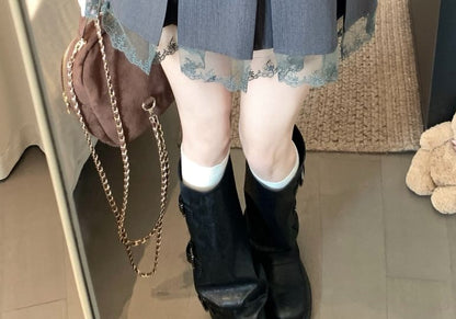 High Rise Lace Panel Frill Trim Pleated Mini A-Line Skirt