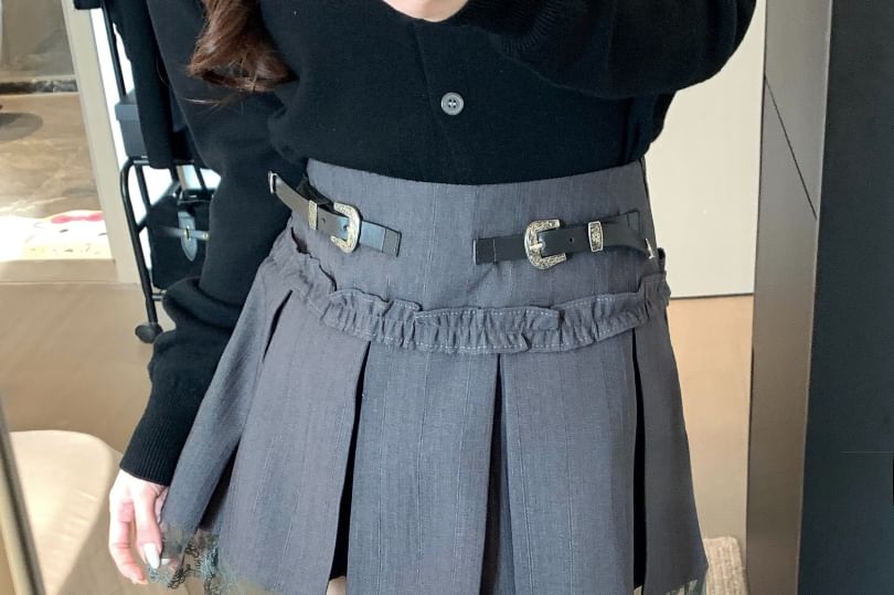 High Rise Lace Panel Frill Trim Pleated Mini A-Line Skirt