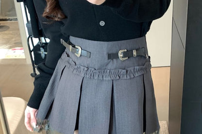 High Rise Lace Panel Frill Trim Pleated Mini A-Line Skirt