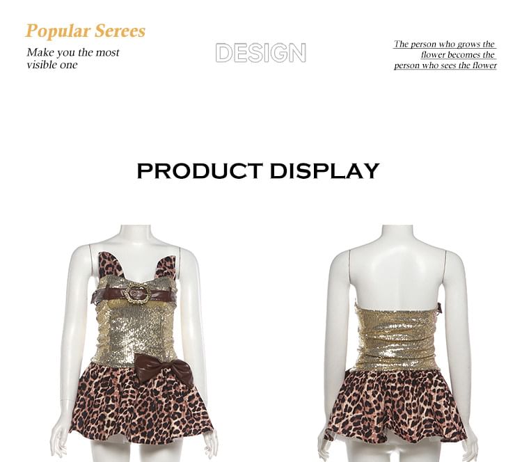Sleeveless Leopard Print Mini A-Line Dress / Sequined Hot Pants / Layered Skirt