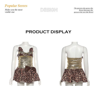 Sleeveless Leopard Print Mini A-Line Dress / Sequined Hot Pants / Layered Skirt