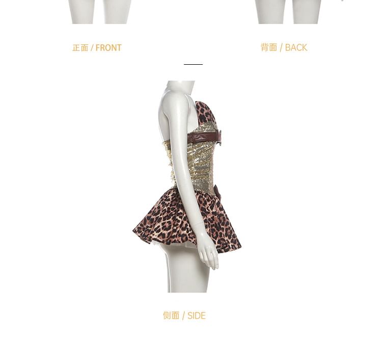 Sleeveless Leopard Print Mini A-Line Dress / Sequined Hot Pants / Layered Skirt