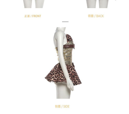 Sleeveless Leopard Print Mini A-Line Dress / Sequined Hot Pants / Layered Skirt