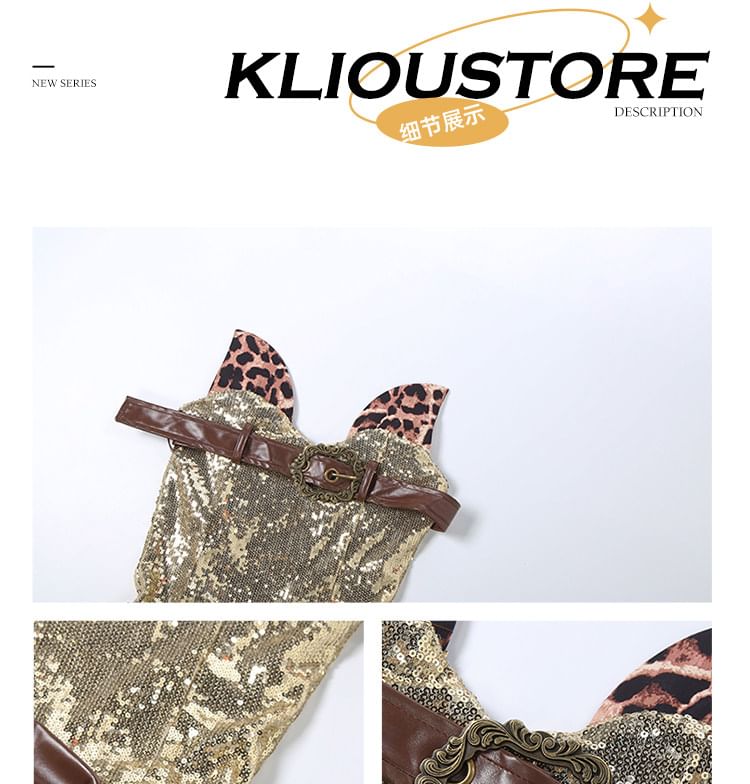 Sleeveless Leopard Print Mini A-Line Dress / Sequined Hot Pants / Layered Skirt