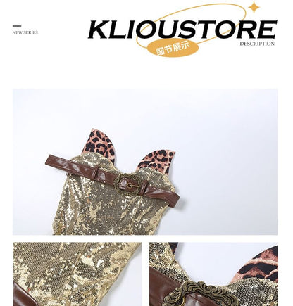 Sleeveless Leopard Print Mini A-Line Dress / Sequined Hot Pants / Layered Skirt