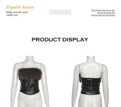 Strapless Faux Fur Panel Plain Crop Top / Mid Rise Mini Skirt