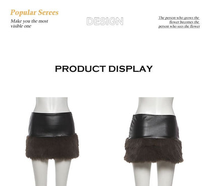 Strapless Faux Fur Panel Plain Crop Top / Mid Rise Mini Skirt