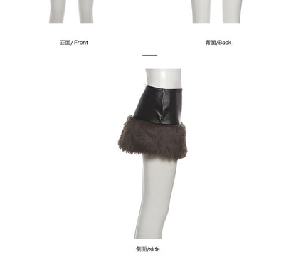 Strapless Faux Fur Panel Plain Crop Top / Mid Rise Mini Skirt
