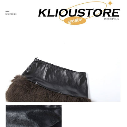 Strapless Faux Fur Panel Plain Crop Top / Mid Rise Mini Skirt