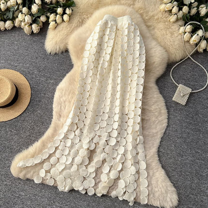 Elastic Waist Hollow Out Circle Fringe Maxi Skirt